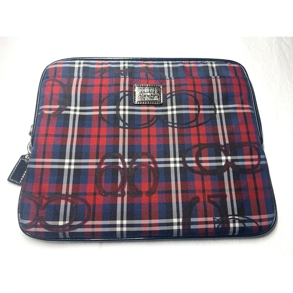 Coach Poppy Tartan Plaid Red Black Sparkle Tablet Case Zip Clutch Pockets